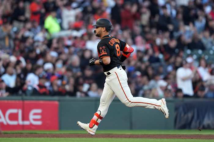 SF Giants designated hitter Michael Conforto rounds the bases after hitting a home run against the Texas Rangers during the fourth inning at Oracle Park on August 12, 2023.
